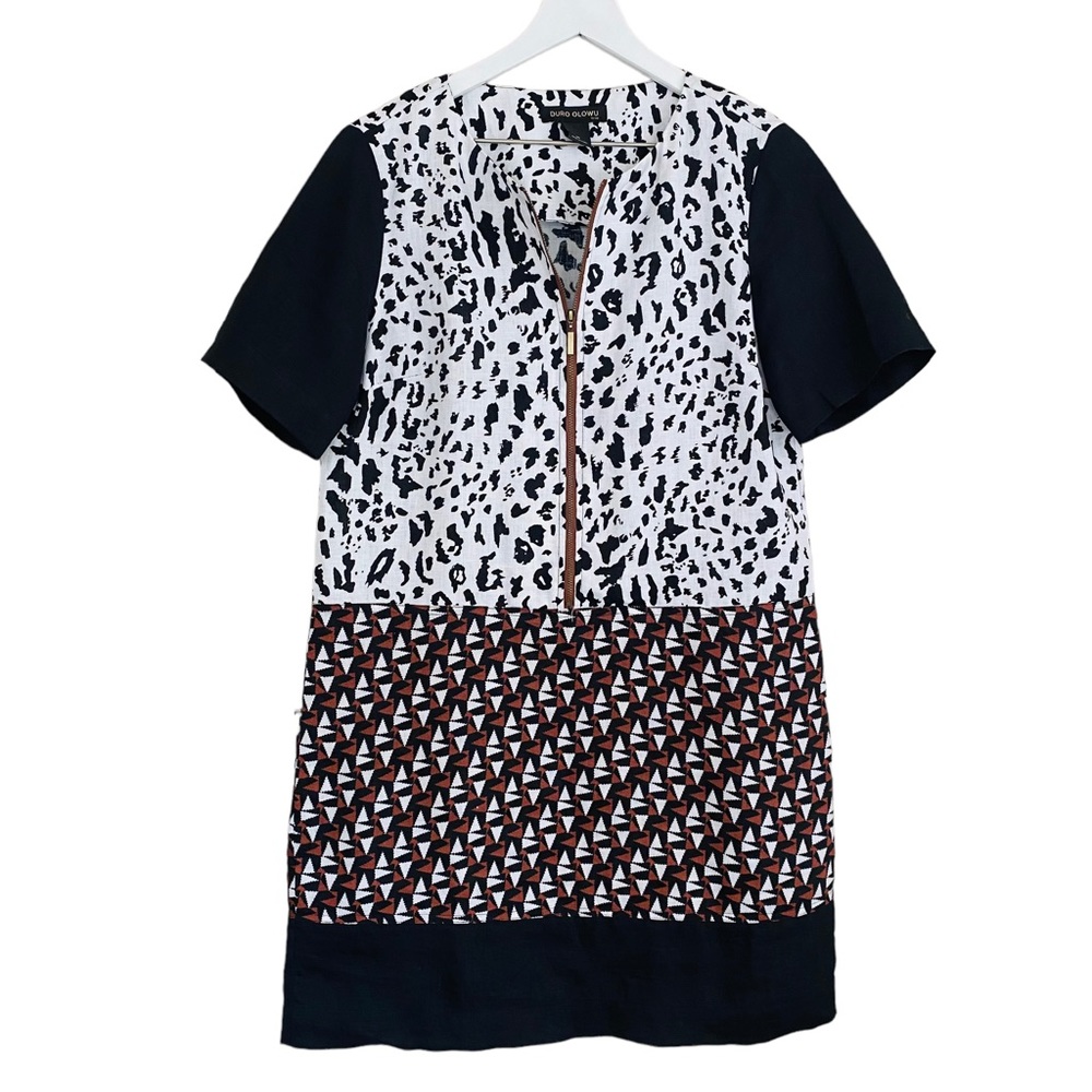 Duro Olowu 100% Linen Black & White Mixed Print Short Sleeve Zipper Dress Medium - Picture 2 of 9